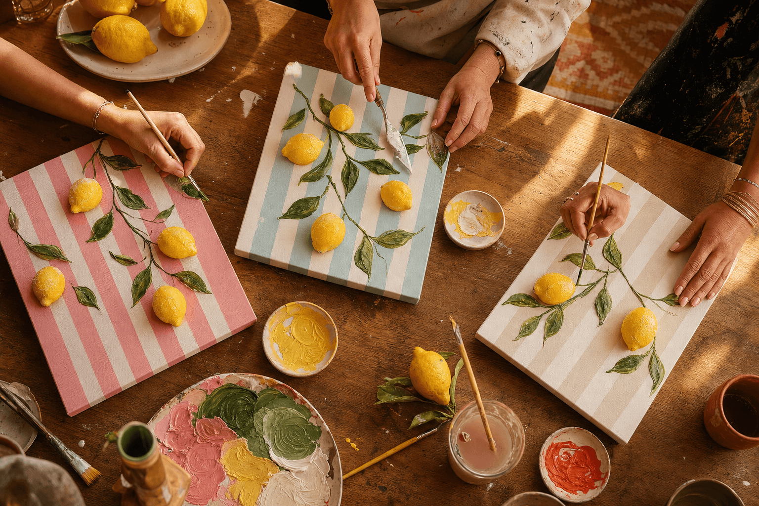 Participante qui crée une toile citronnée à L’Atelier du Sud