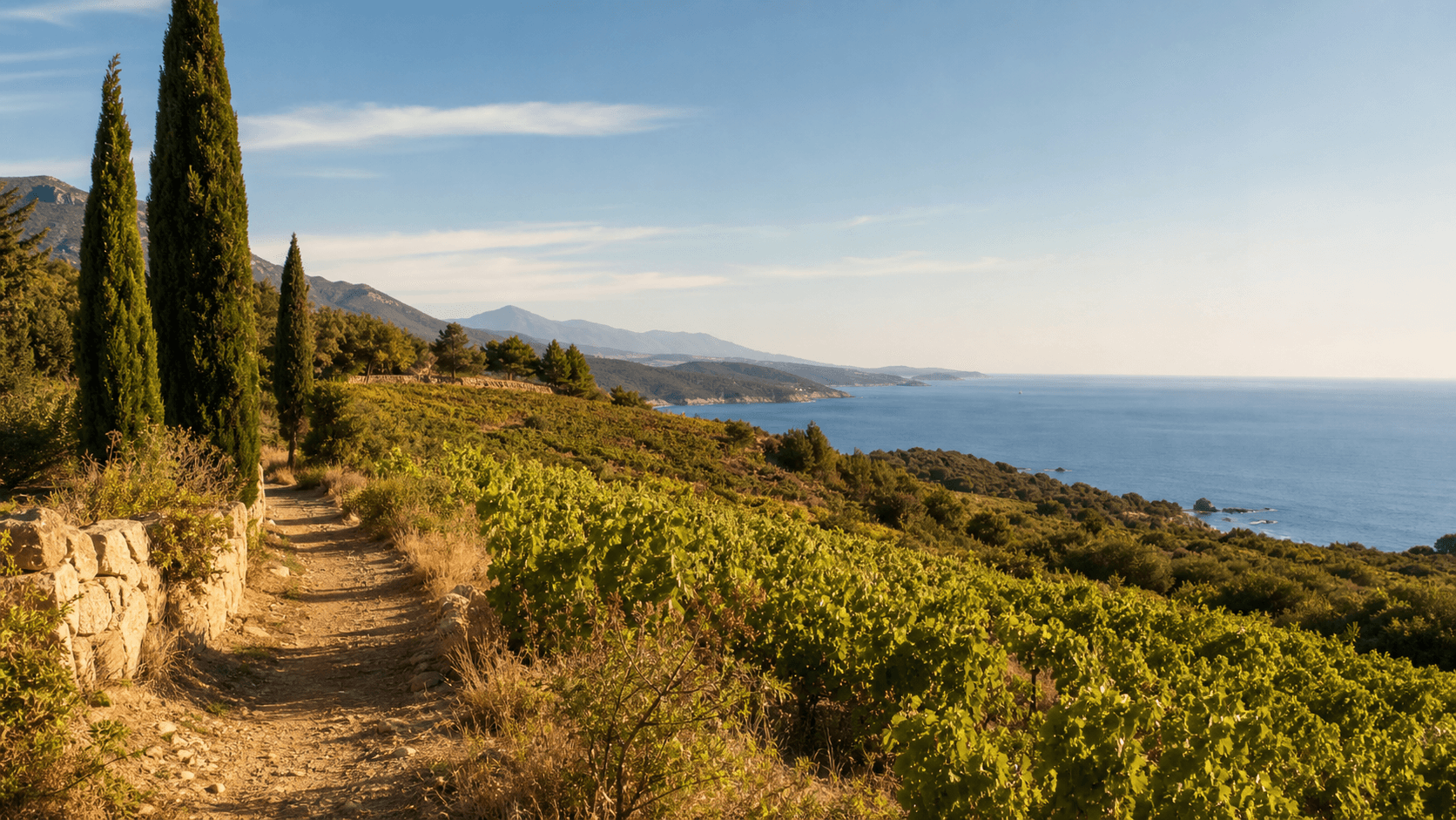 Paysage méditerranéen de vignes, de collines et de mer, image d’ambiance